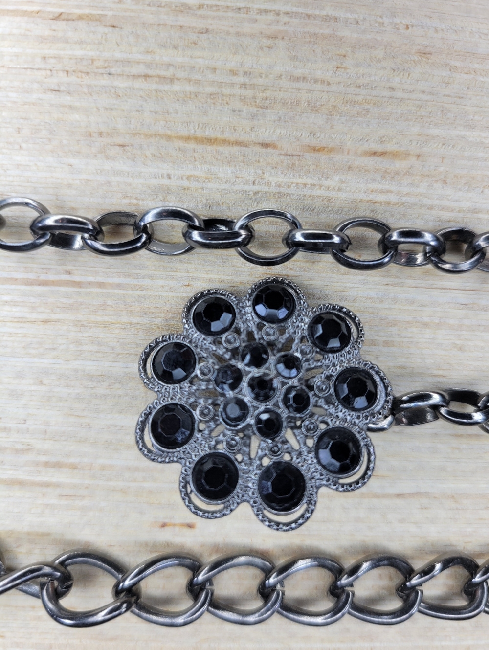 Gunmetal Chain Belt Floral Rhinestone Women OS Adjustable Whimsigoth Y2K Goth - Picture 3 of 6